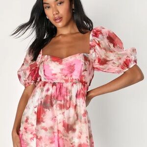 Lulu’s Darling Aura Pink Multi Floral Organza Babydoll Mini Dress